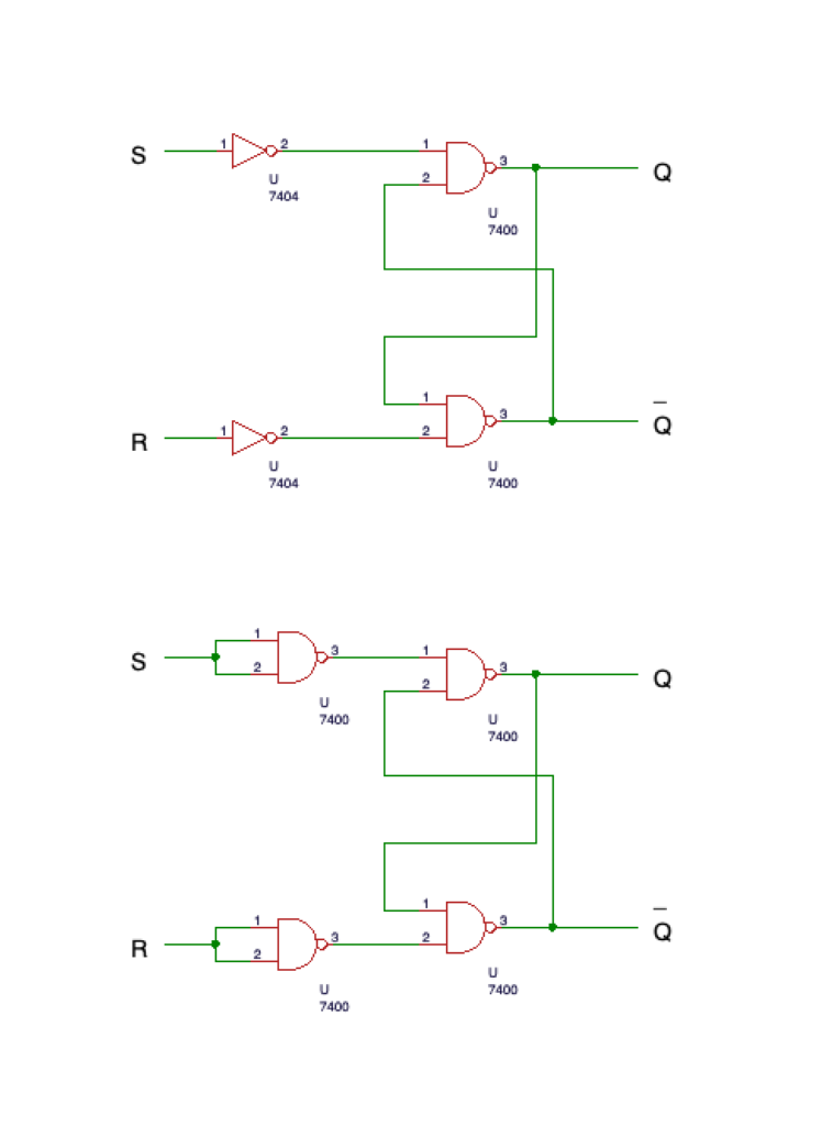RSフリップフロップの回路図
上は普通のRSフリップフロップの回路図。
下はNOTをNANDに置き換えたもの。