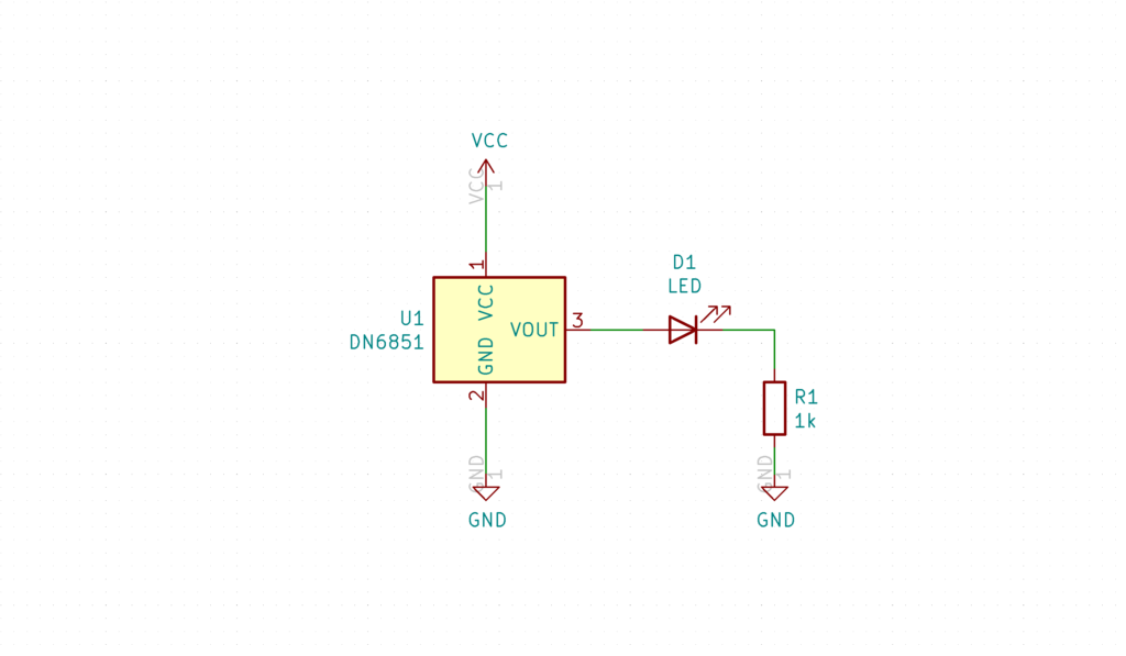 ホールICのDN6851の動作を確認するため、LEDをつけた回路図です。
